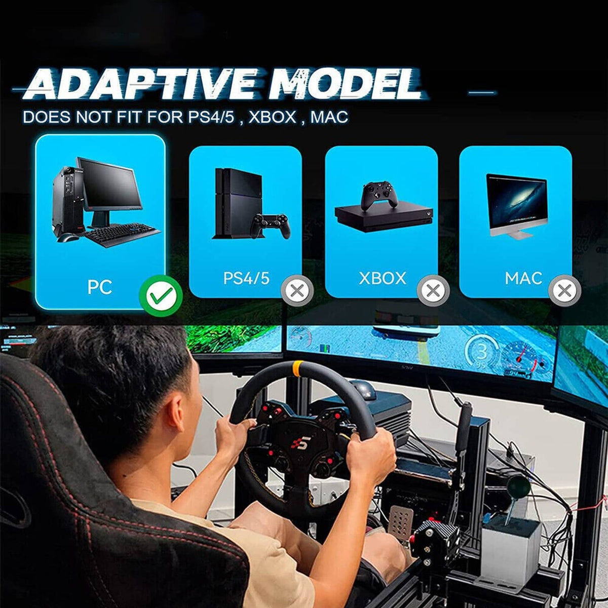 USB handbrake controller on a gaming desk, black grip with blue lever and connected cable