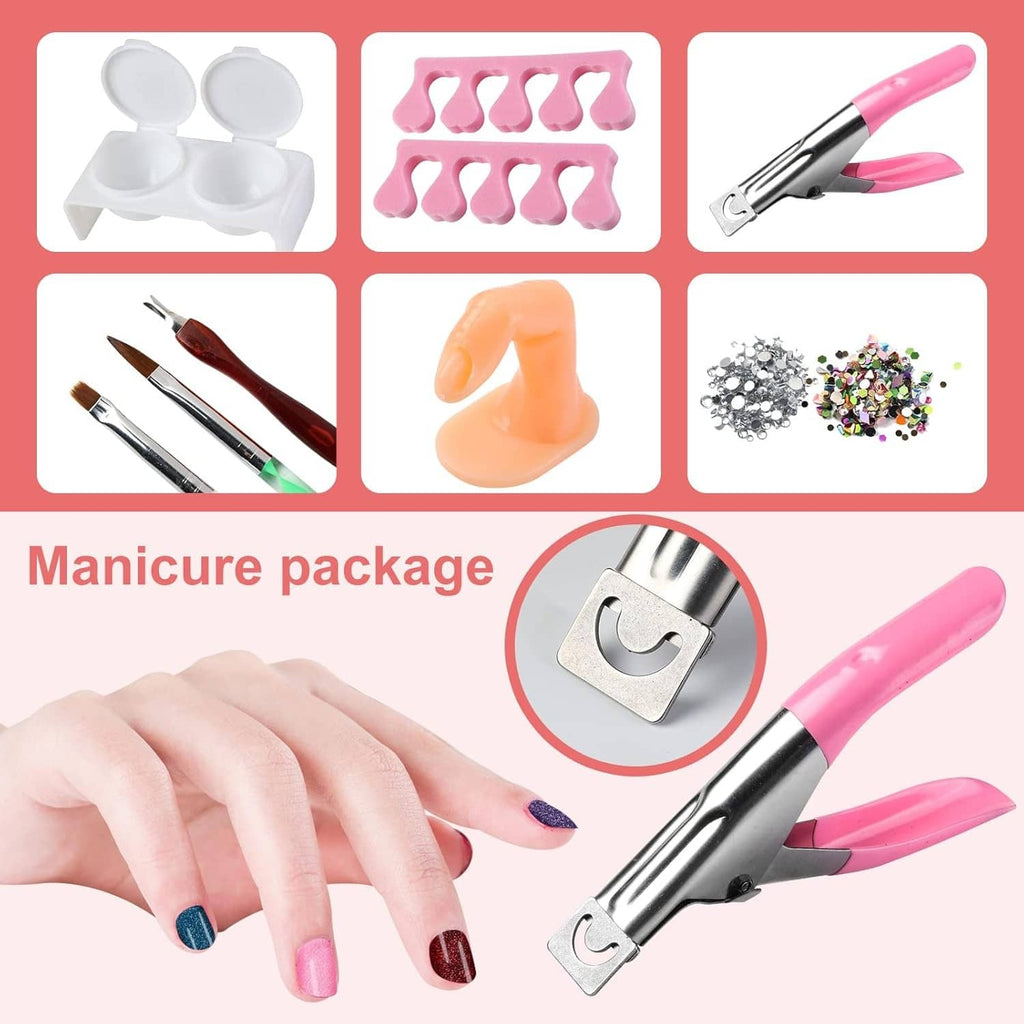 Manicure package layout with nail tools, finger rests, and a stapler-style clip tool