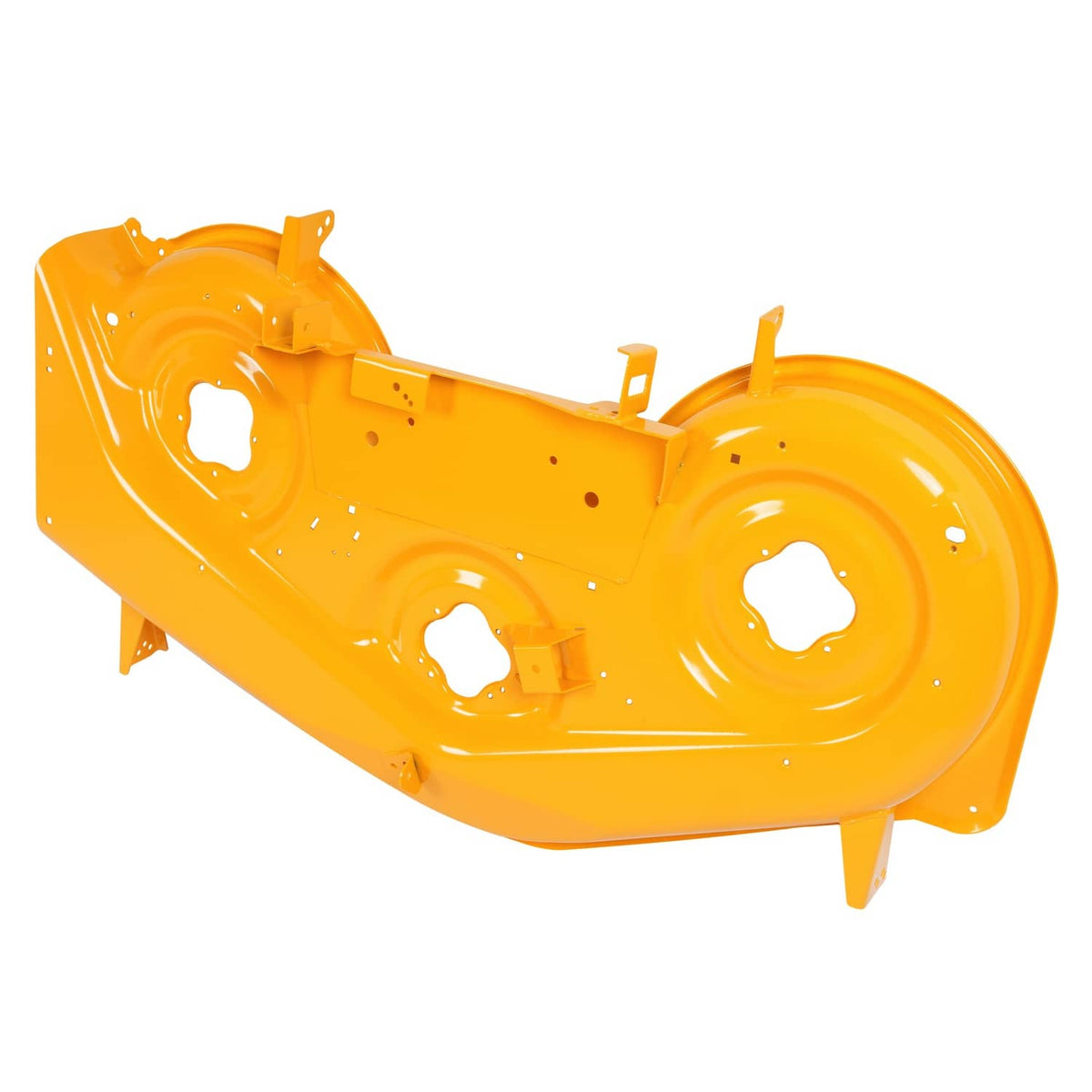Bright yellow mower deck shell with spindle holes and side mounting tabs