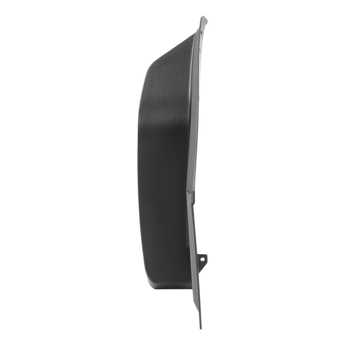 Black side fender flare panel with vertical edge and mounting holes