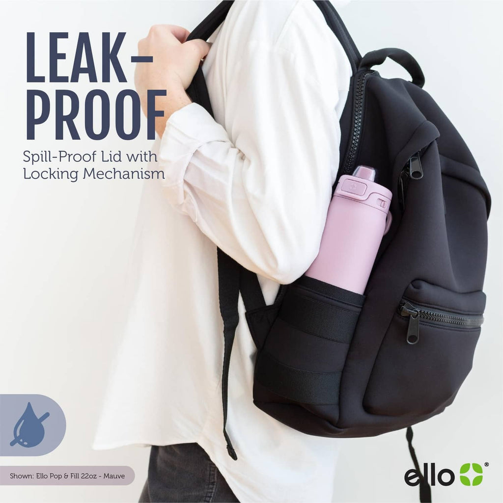 Mauve stainless steel water bottle clipped to a backpack with a side carry strap