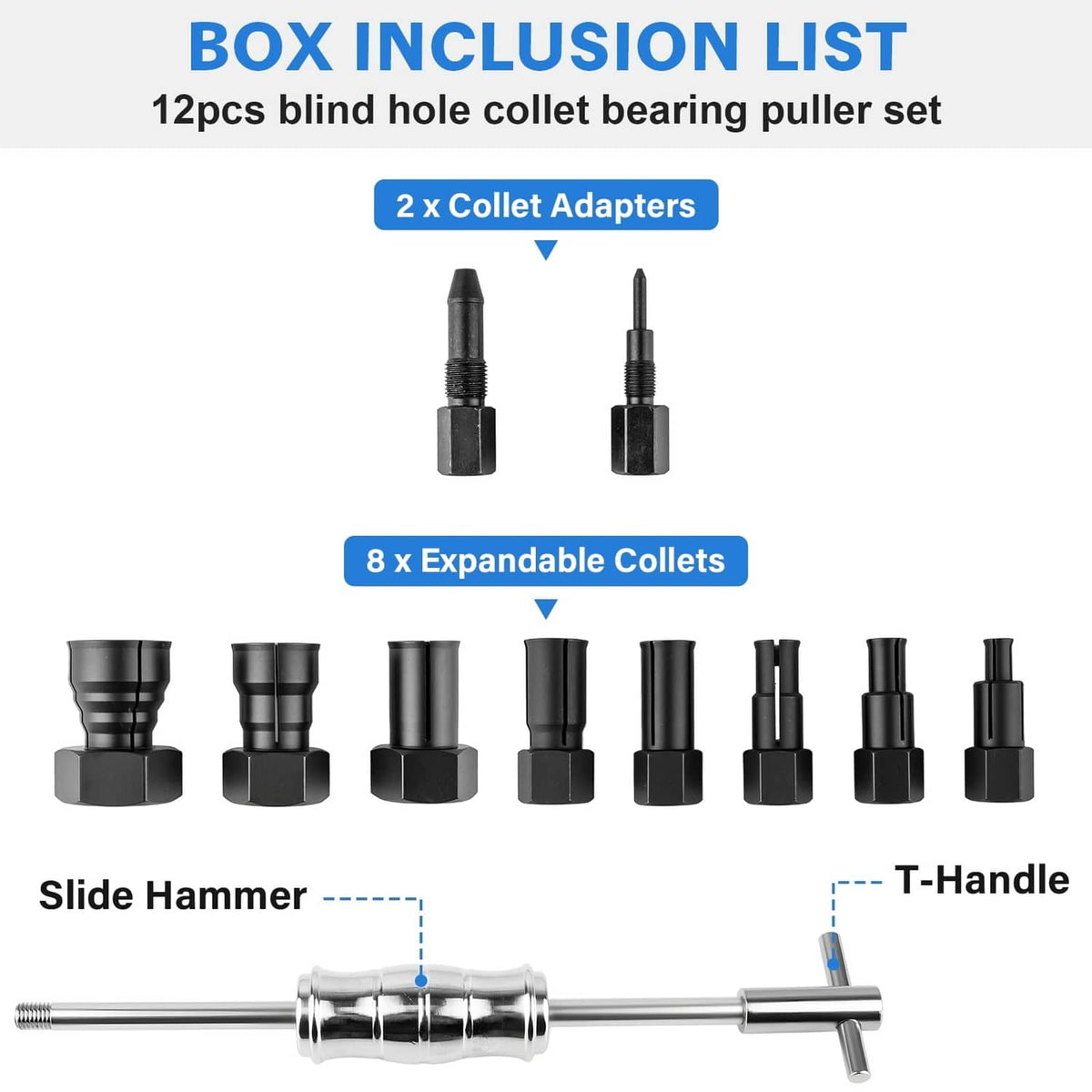 Blind hole collet bearing puller set with slide hammer, T-handle, and expandable collets