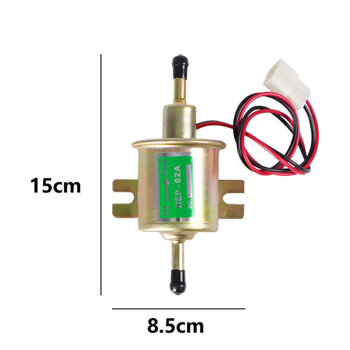 Inline fuel pump with wiring pigtail, green label, and size measurements