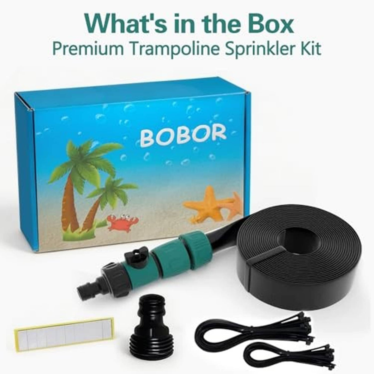 Trampoline sprinkler kit with coiled hose, teal nozzle, and black hose connectors