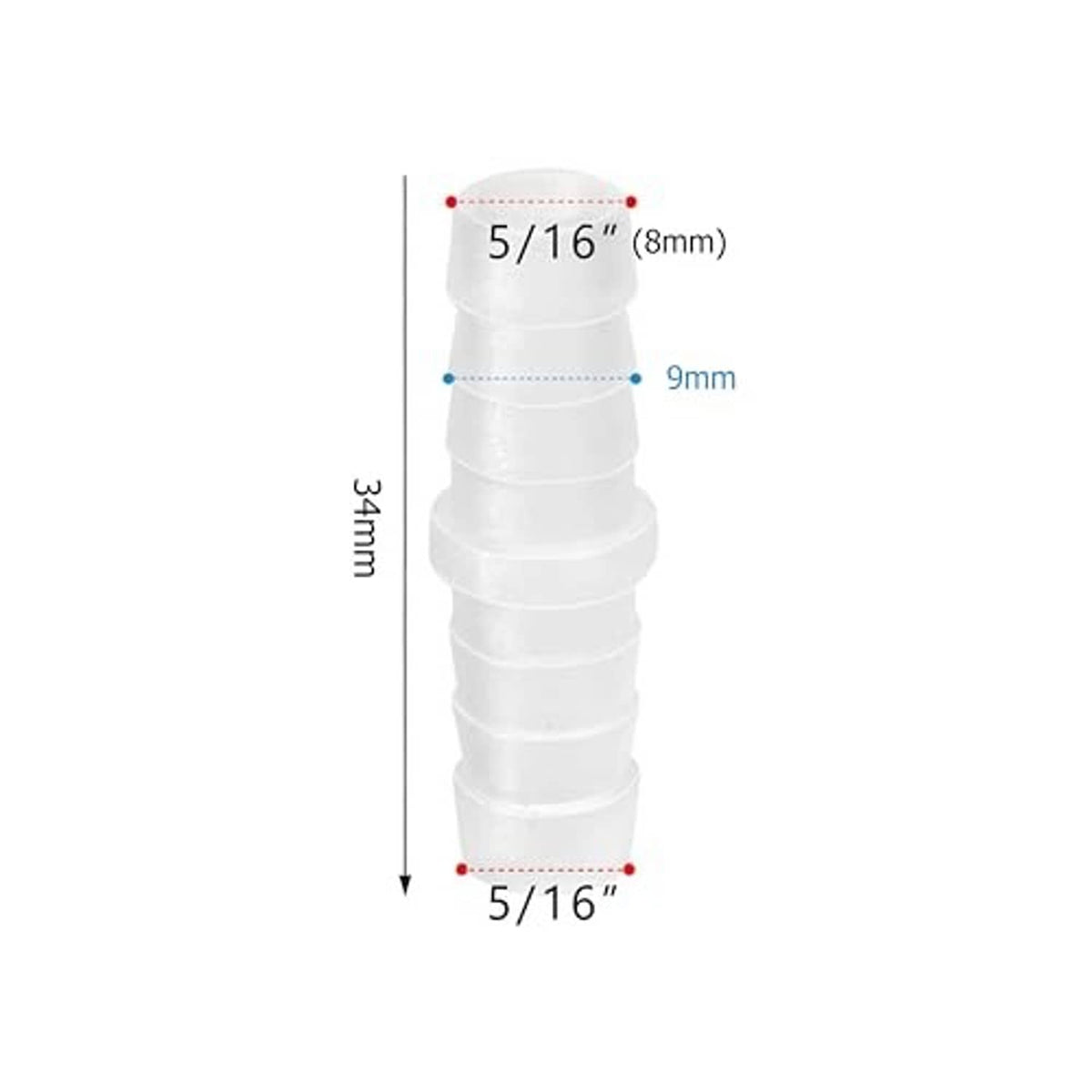 White plastic hose barbed splicer mender joint with 5/16 in length and 4 mm width