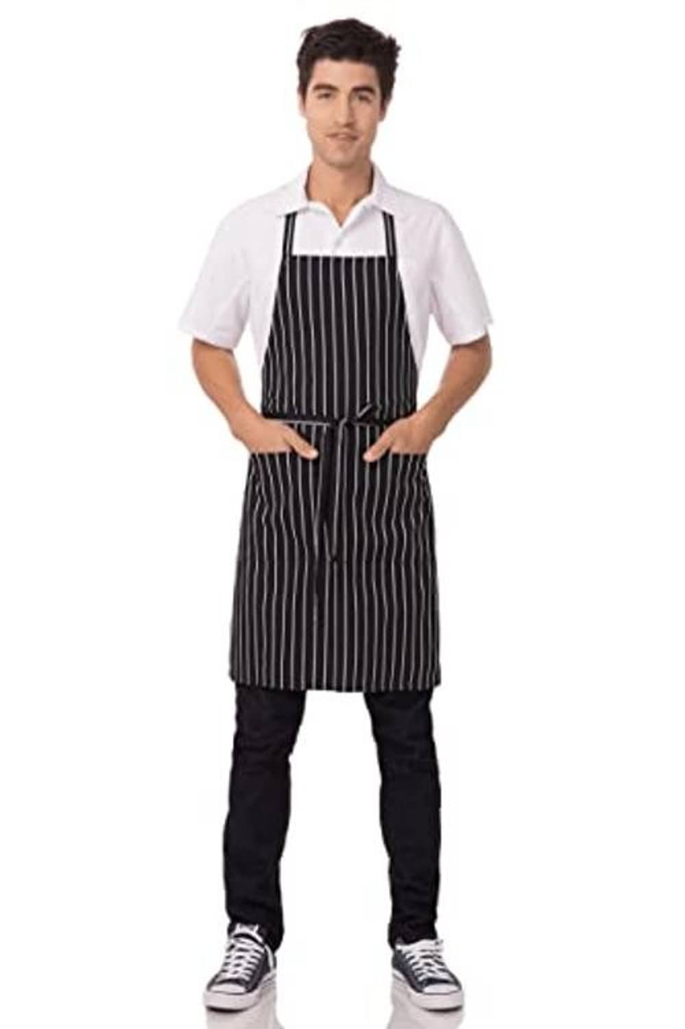 Unisex black chef apron with white vertical stripes and adjustable neck strap