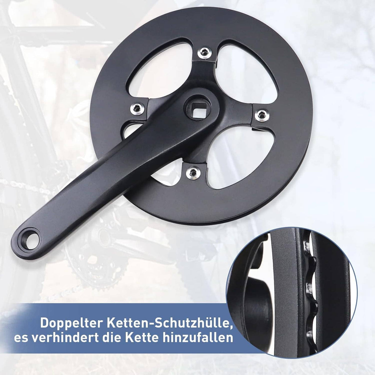 42T e-bike crankset with double chain cover and steel chainring, black crank arms