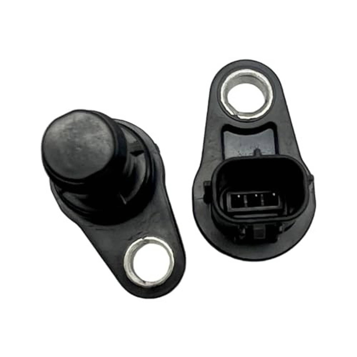 2-pack camshaft position sensors, black housings with metal mounting ears and studs
