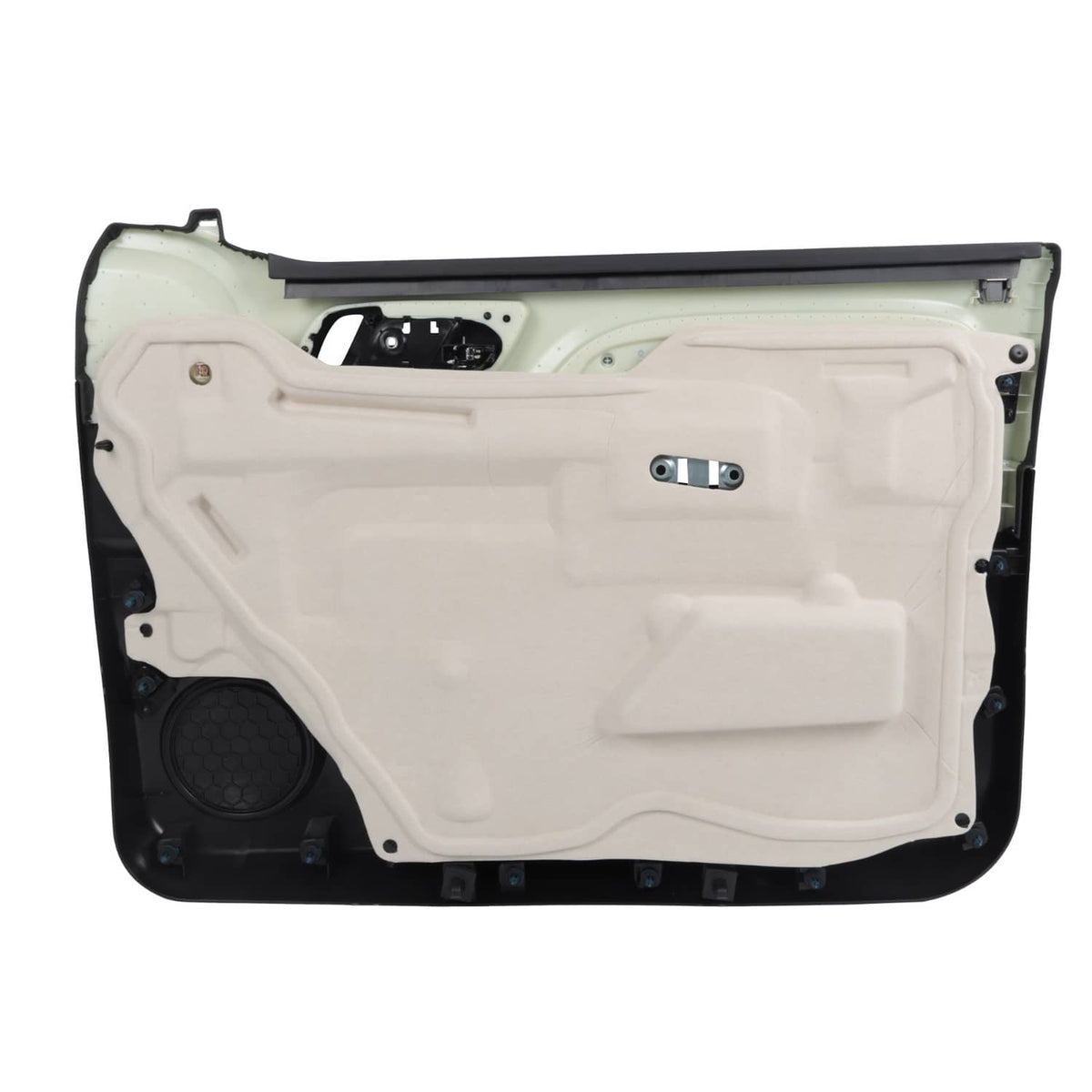 Driver-side interior door trim panel showing inner mounting hardware, light and dark parts.