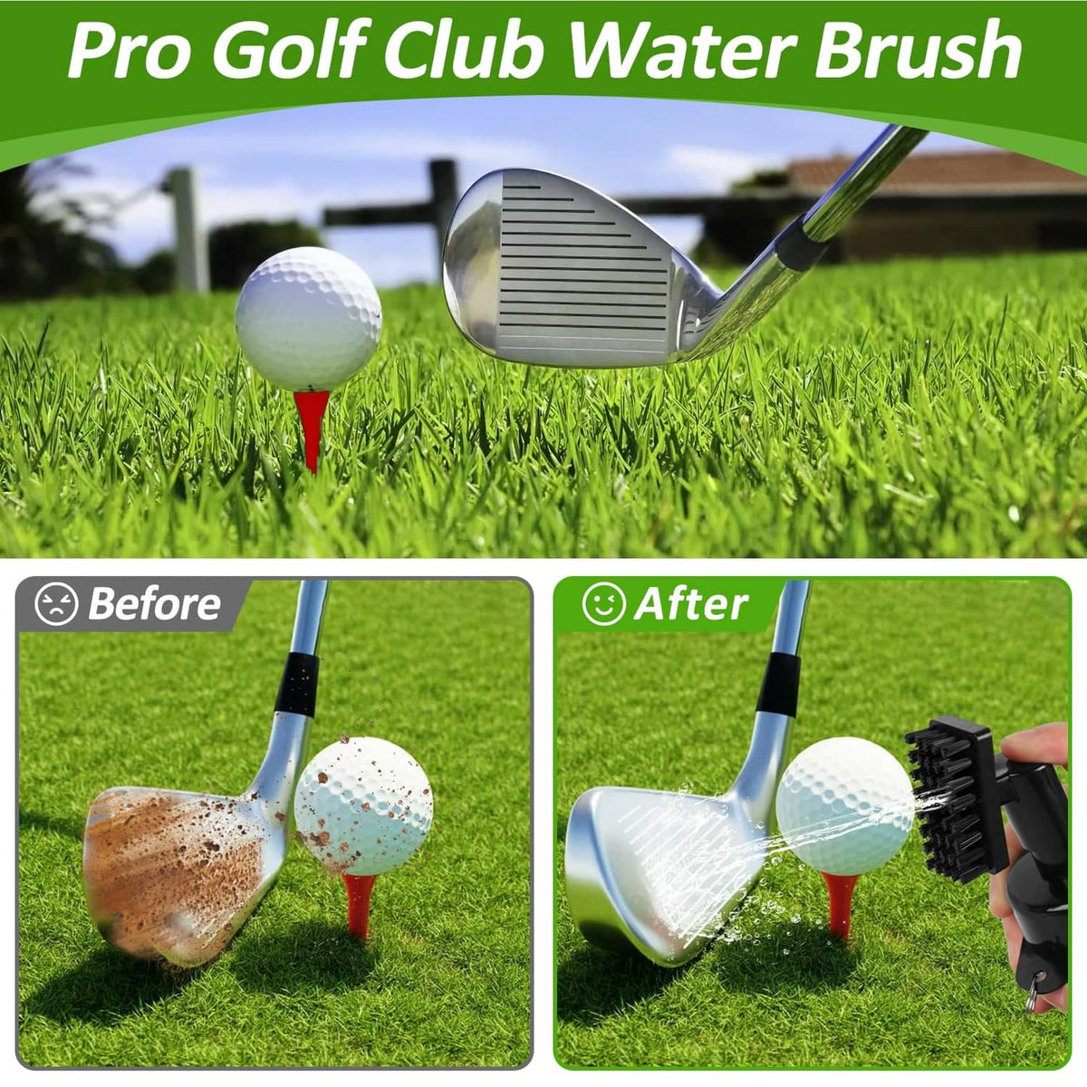 Golf club water brush scrubbing a golf club head on the grass
