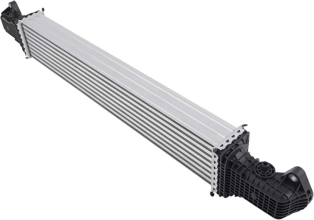Intercooler radiator assembly with silver fin core and black plastic end caps.