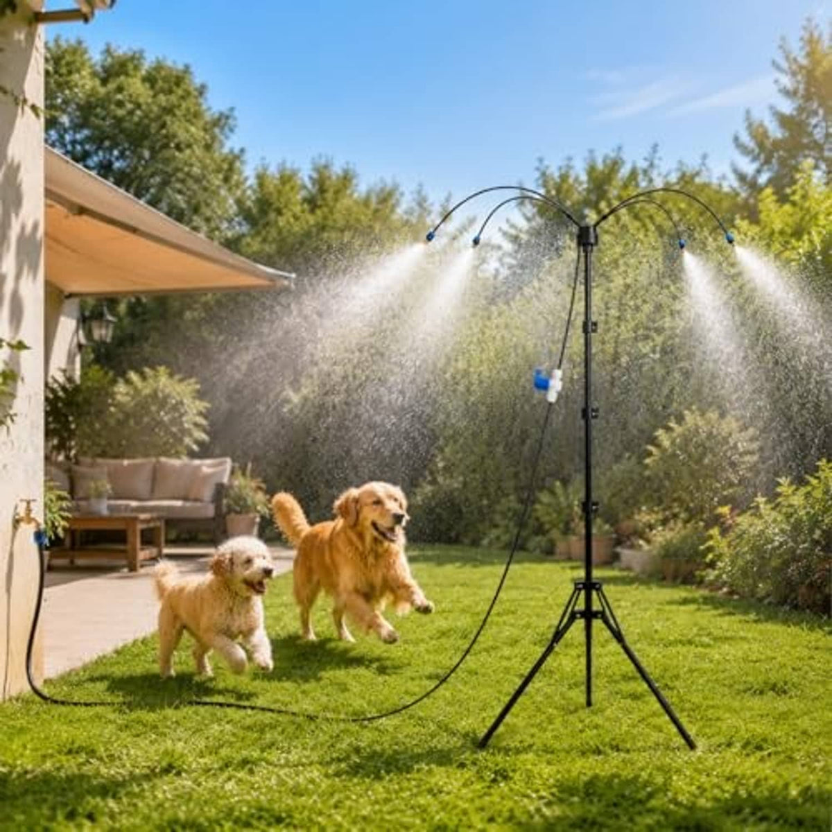 Outdoor misting tripod with two spray arches releasing fine water mist in a backyard