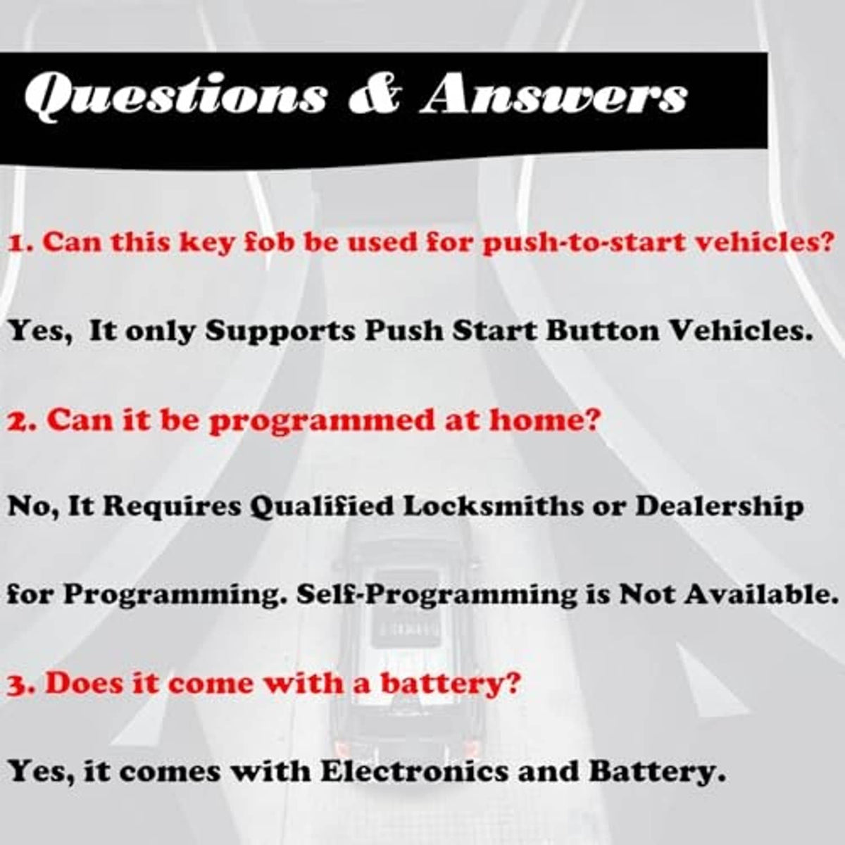 Key fob included; text panel with FAQs and push-start support, programming notes.