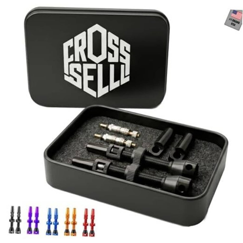 Tubeless Presta valve stem kit in black case with valve stems and spare parts