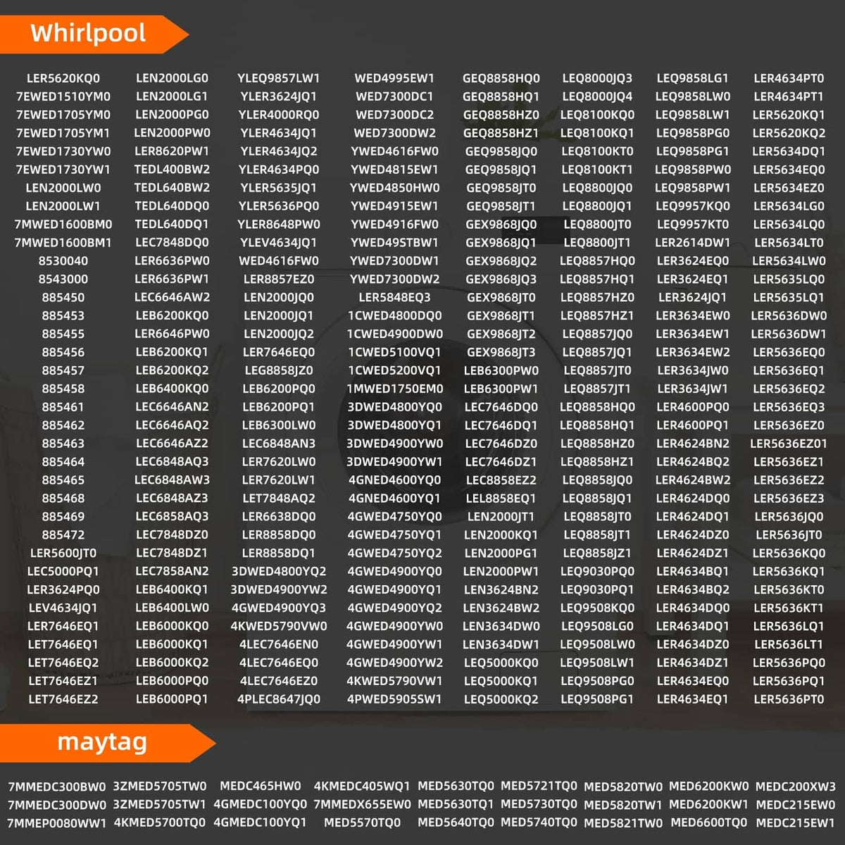 Dryer heating element compatible Whirlpool model list infographic