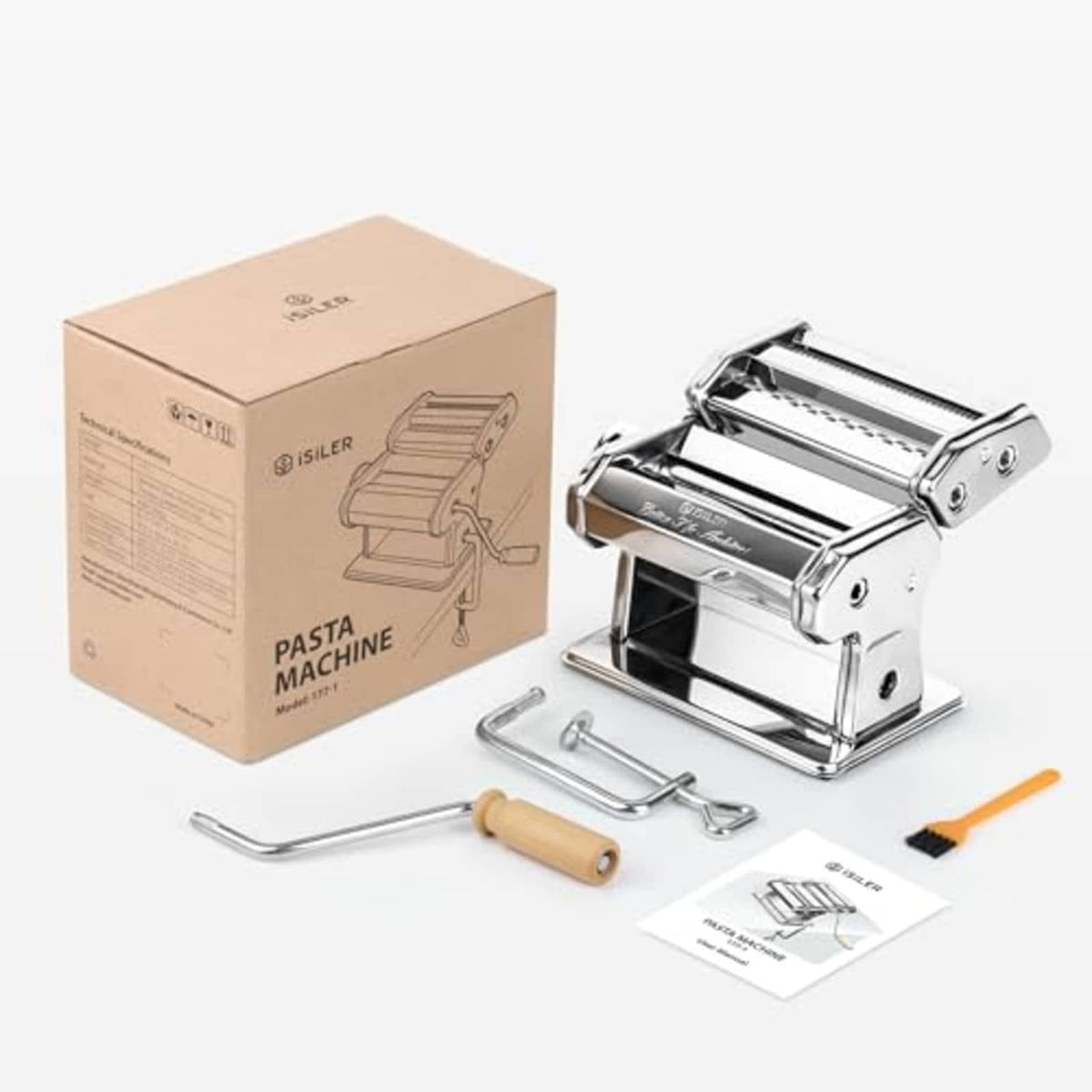 Stainless steel pasta maker kit with box, clamp, cutter tools, and wooden handle