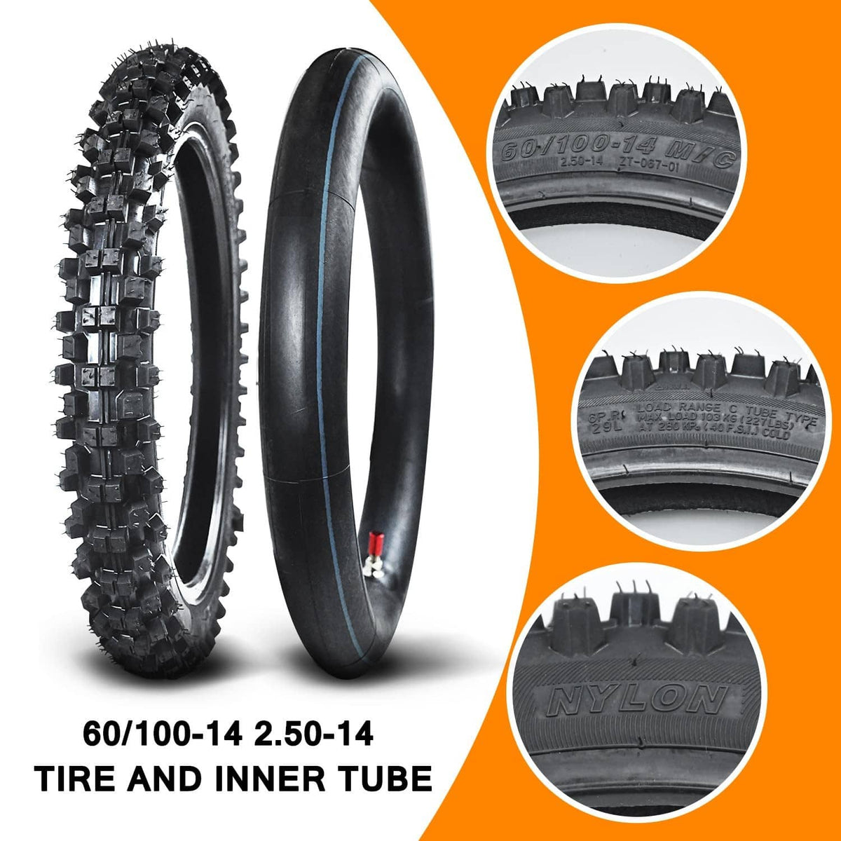Knobby tire and black inner tube for 60/100-14, side-by-side