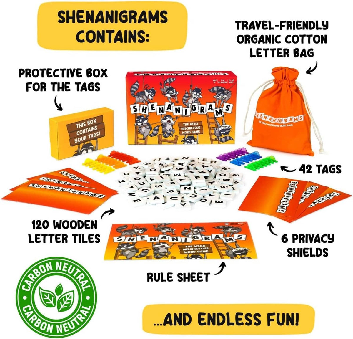 Shenanigrams game contents: wooden letter tiles, tags, privacy shields, rule sheet