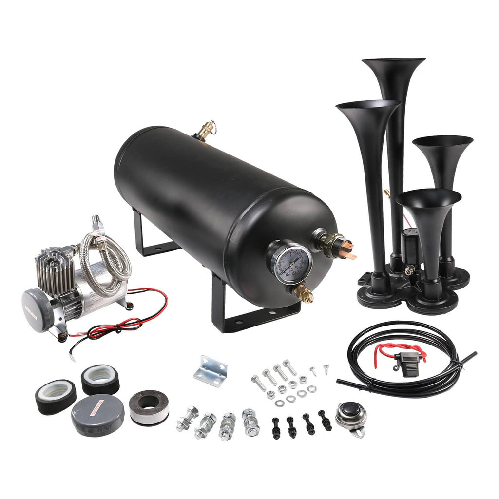 Black air train horn kit with 1.5-gal tank, pressure gauge, and four trumpets
