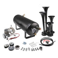 Black air train horn kit with 1.5-gal tank, pressure gauge, and four trumpets