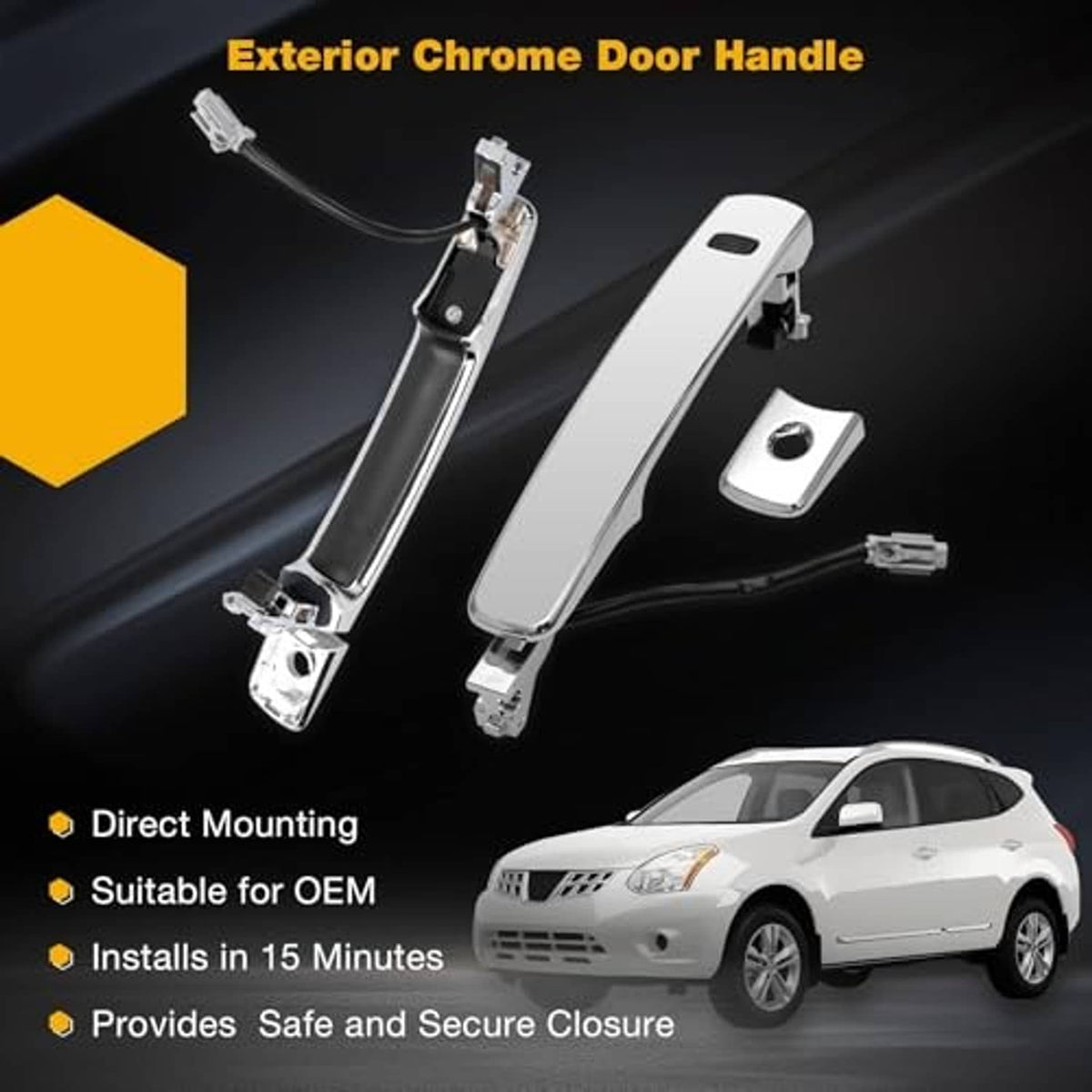 Exterior chrome door handle with keyless switch and side mounting base