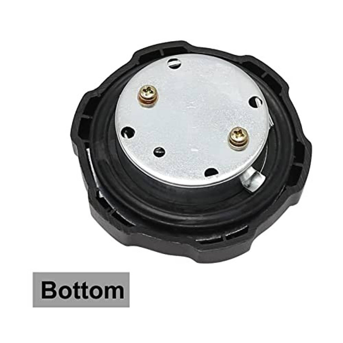 Black fuel cap bottom with metal contact plate and screw holes