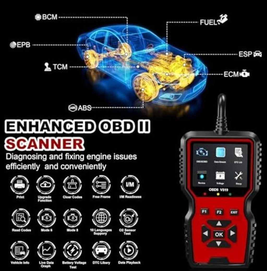 Red and black OBD2 enhanced scanner tool with backlit screen and keypad buttons.