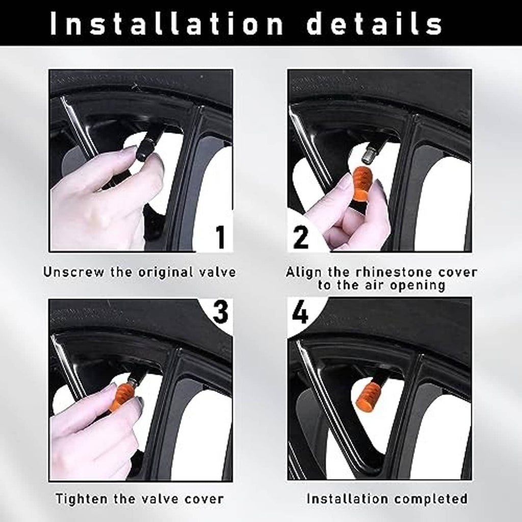 Orange aluminum tire valve stem cap set with installation steps on wheel rim