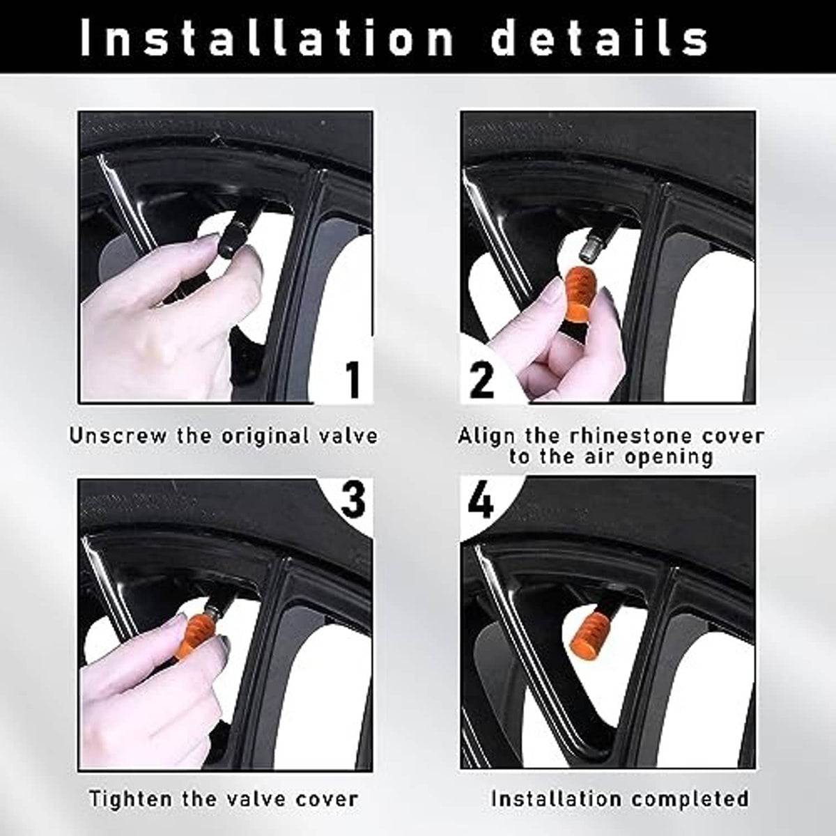 Orange aluminum tire valve stem cap set with installation steps on wheel rim