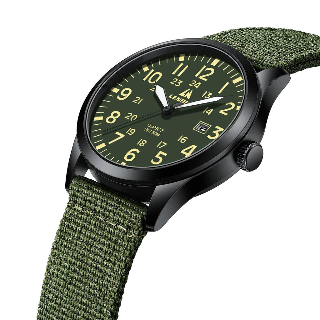 LN LENQIN men's analog watch on green nylon strap, black bezel and luminous dial