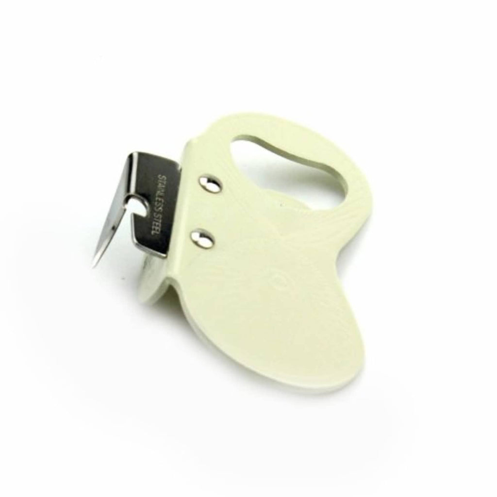 White plastic can opener with stainless steel blade and embossed handle