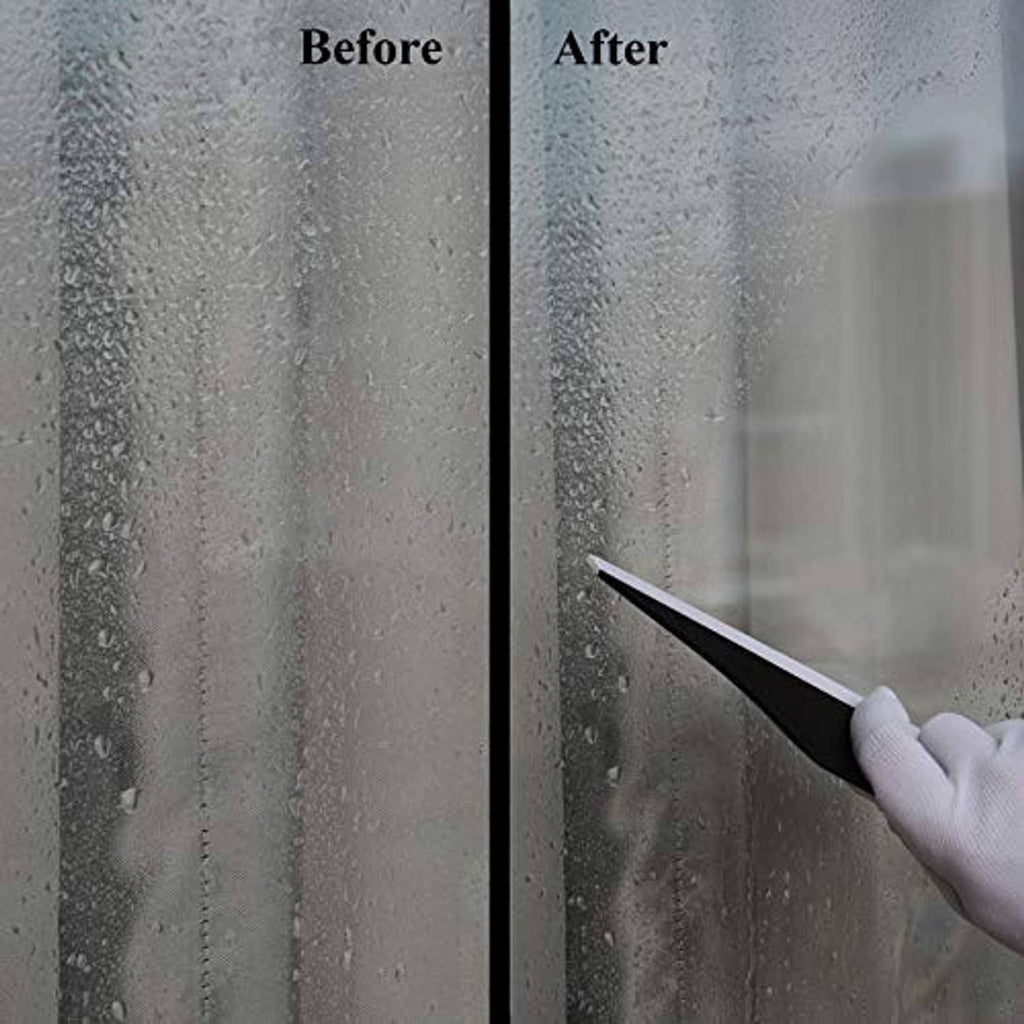 Corner squeegee blade scraping water droplets on a glass panel