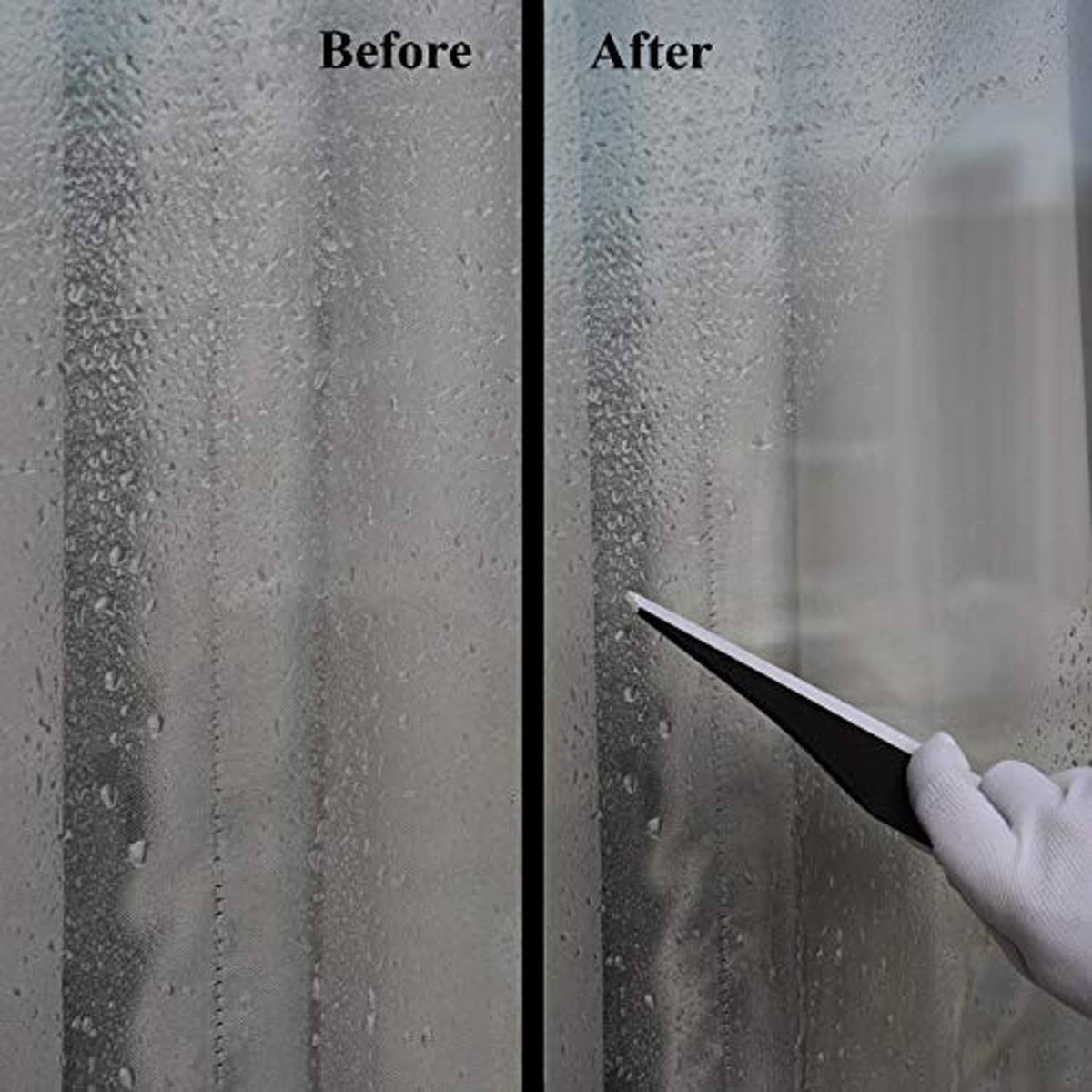 Corner squeegee blade scraping water droplets on a glass panel