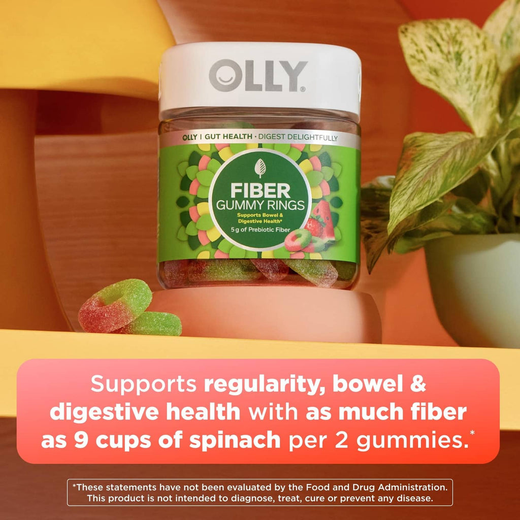 OLLY Fiber Gummy Rings jar with colorful green and red gummy rings.