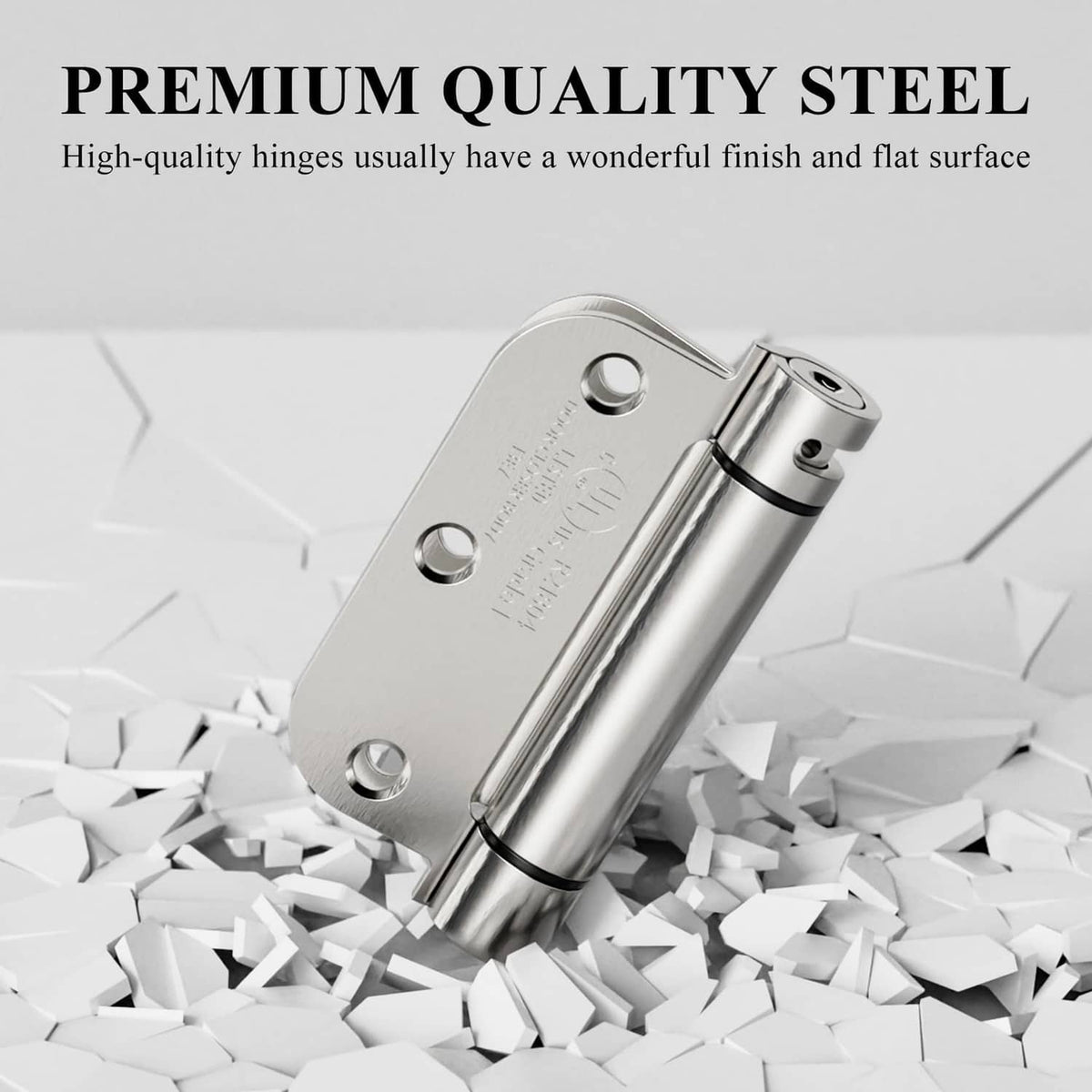Self-closing door hinge in satin nickel steel with rounded cover and center pin