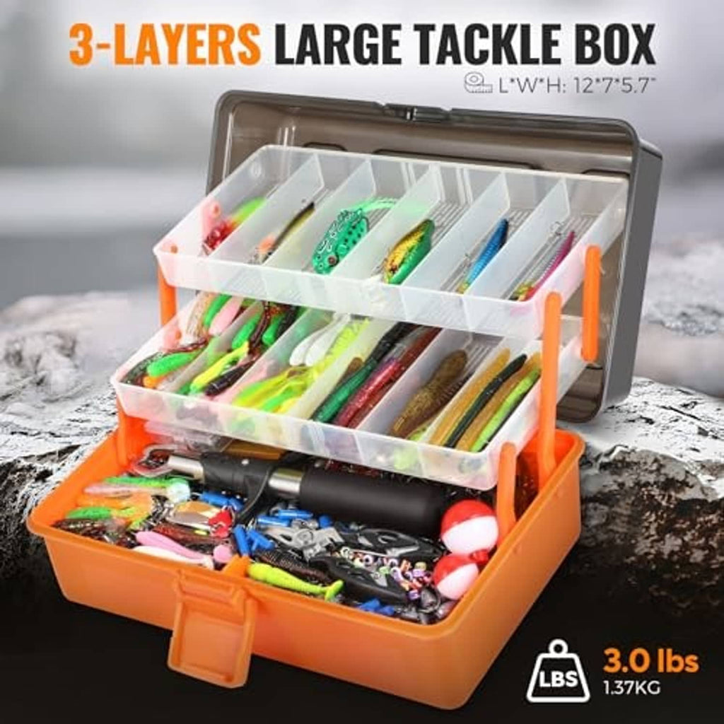 Orange 3-layer tackle box open with clear trays packed with colorful fishing lures
