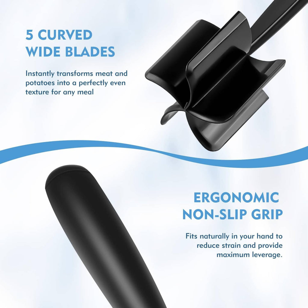 Black meat chopper tool with five curved wide blades and ergonomic non-slip grip