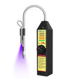 Halogen refrigerant leak detector with flexible probe, dark body, indicator lights and dial.