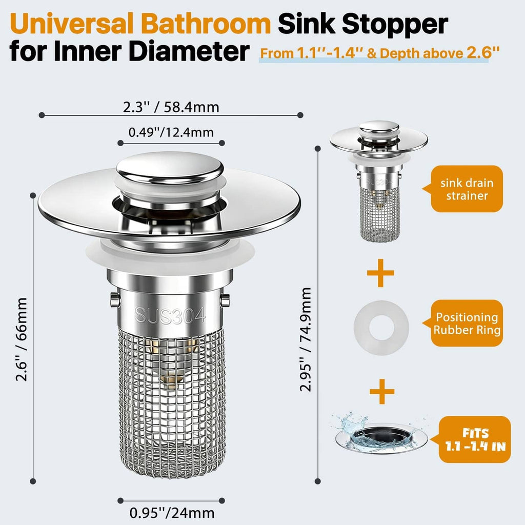 Universal bathroom sink stopper drain strainer with mesh basket and chrome top