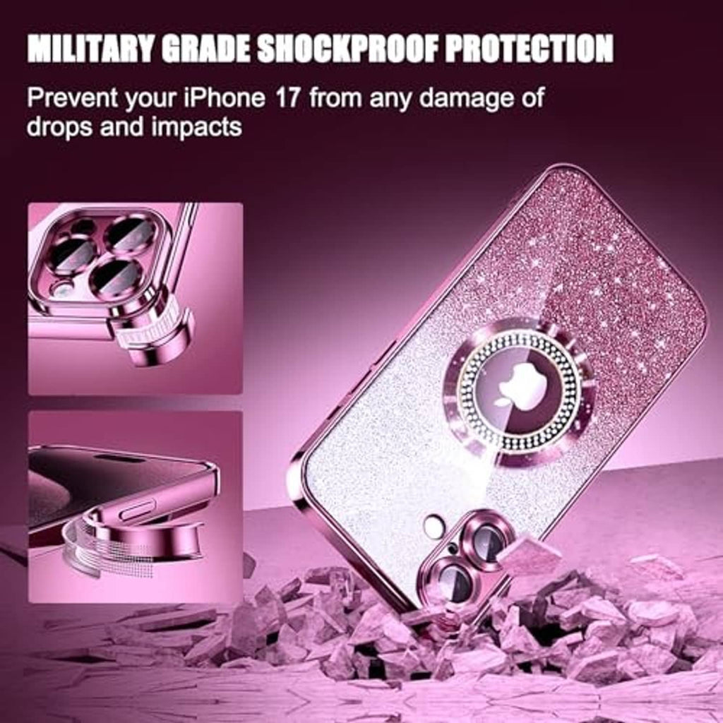Pink glitter phone case with rhinestone magnetic ring and rugged reinforced corners