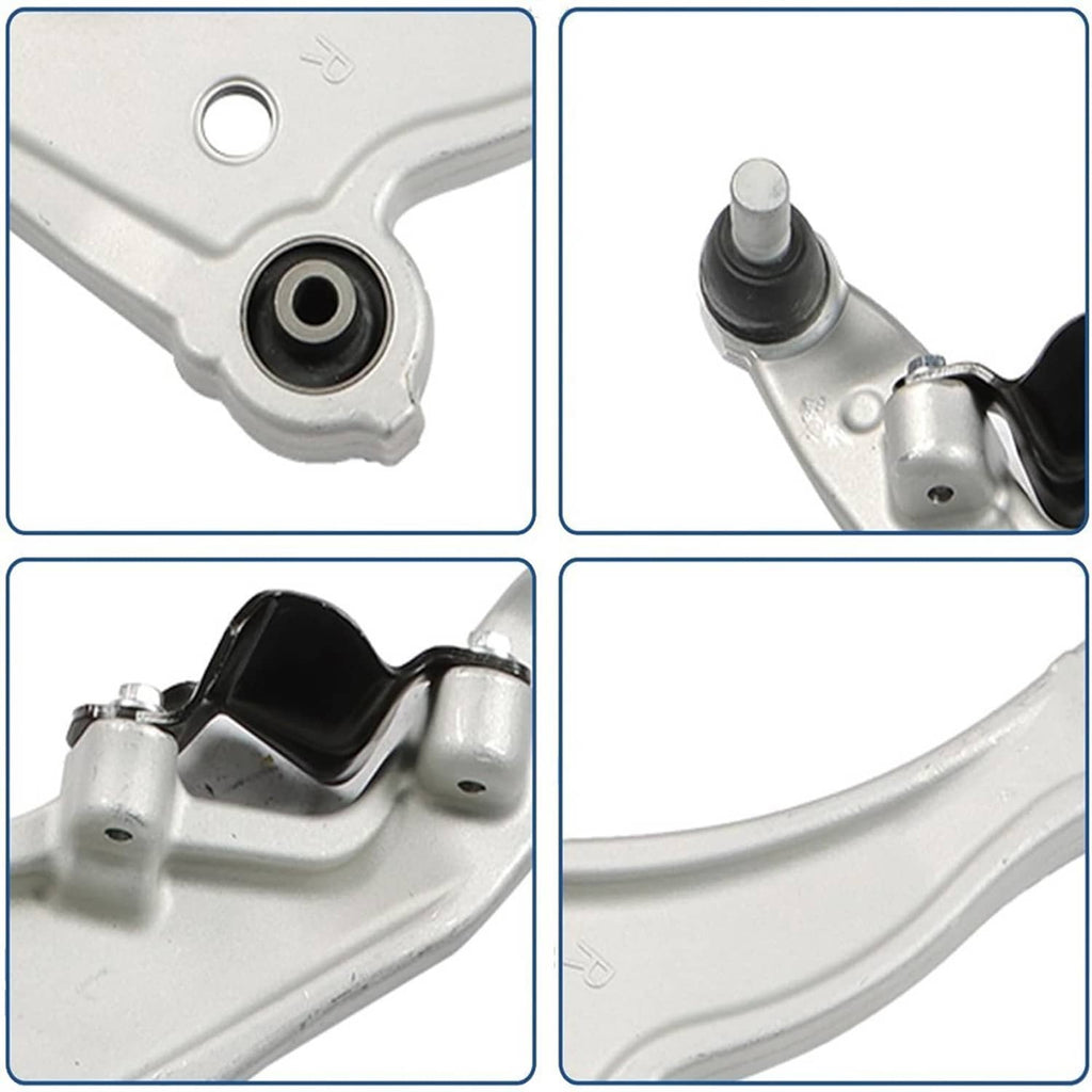 Close-up details of silver control arm mounts with black rubber bushings and pivot points