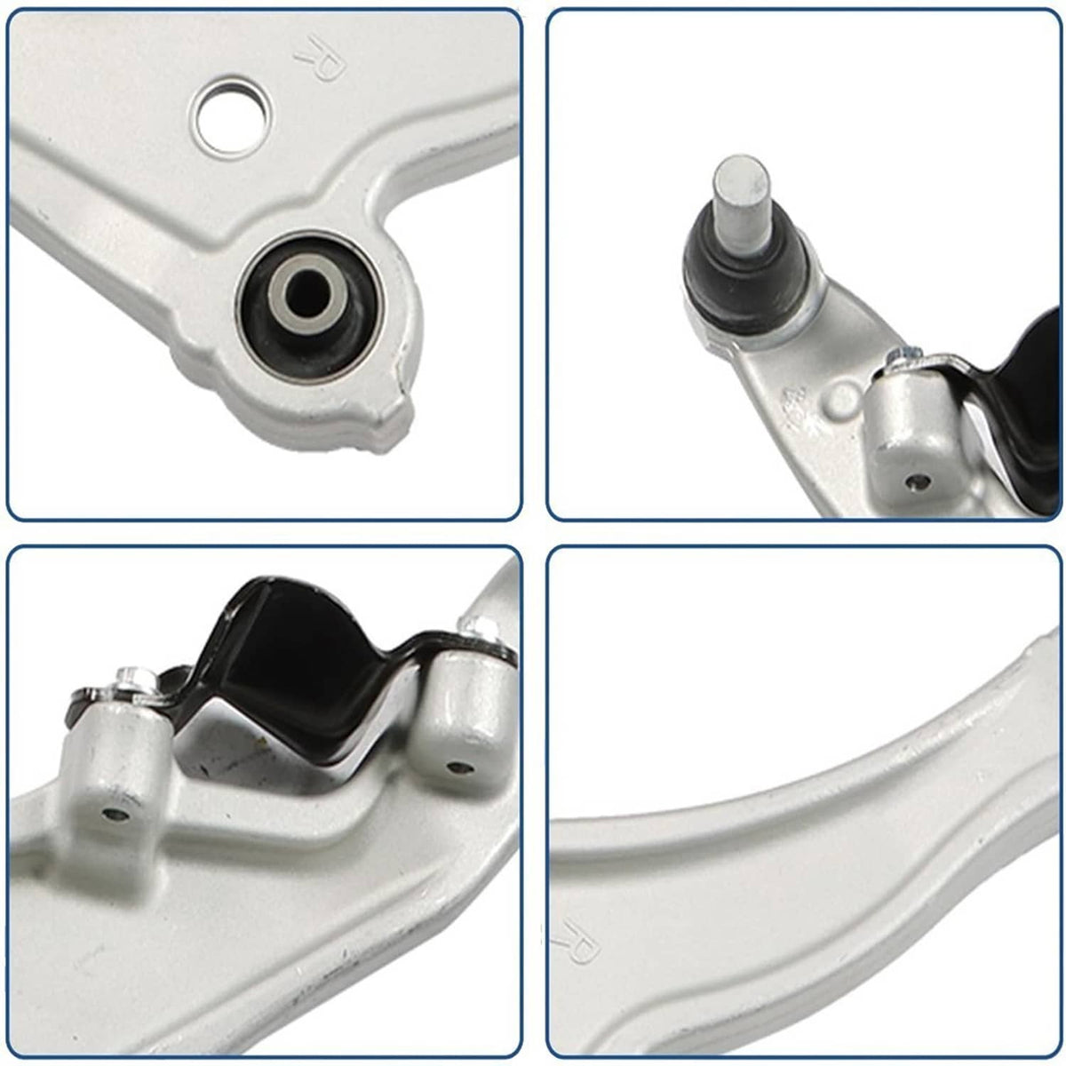 Close-up details of silver control arm mounts with black rubber bushings and pivot points