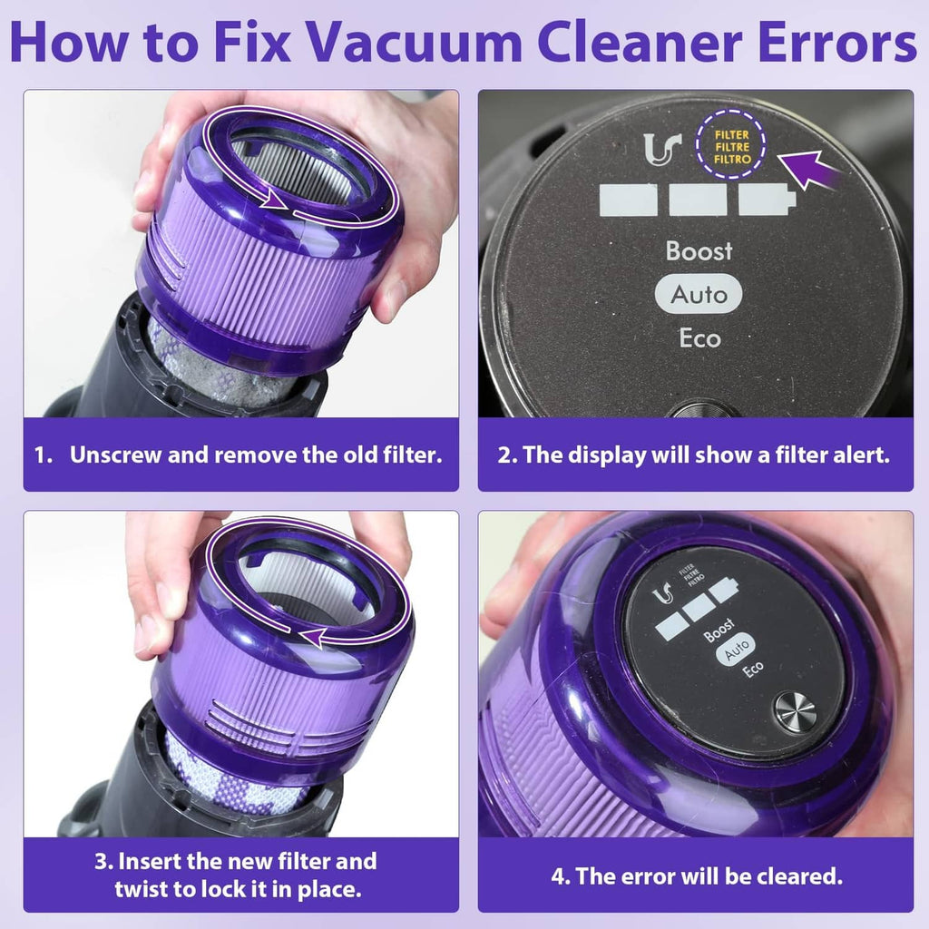 Vacuum filter replacement steps showing remove old filter and install new filter