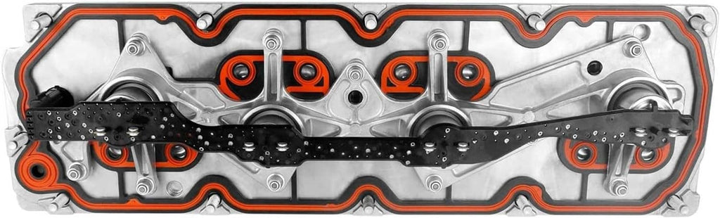 Valve cover and gasket assembly with orange seal lines and internal channels