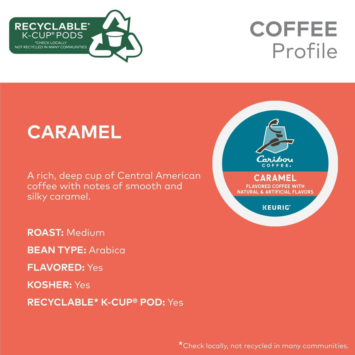 Caribou Coffee Caramel coffee profile panel with flavor notes and roast info