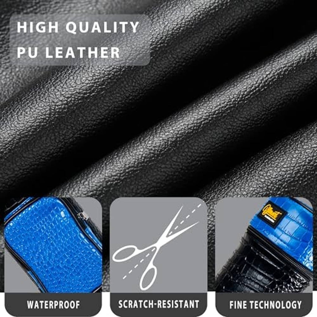 Black textured PU leather pool cue case with blue panel, crosshatch grip surface