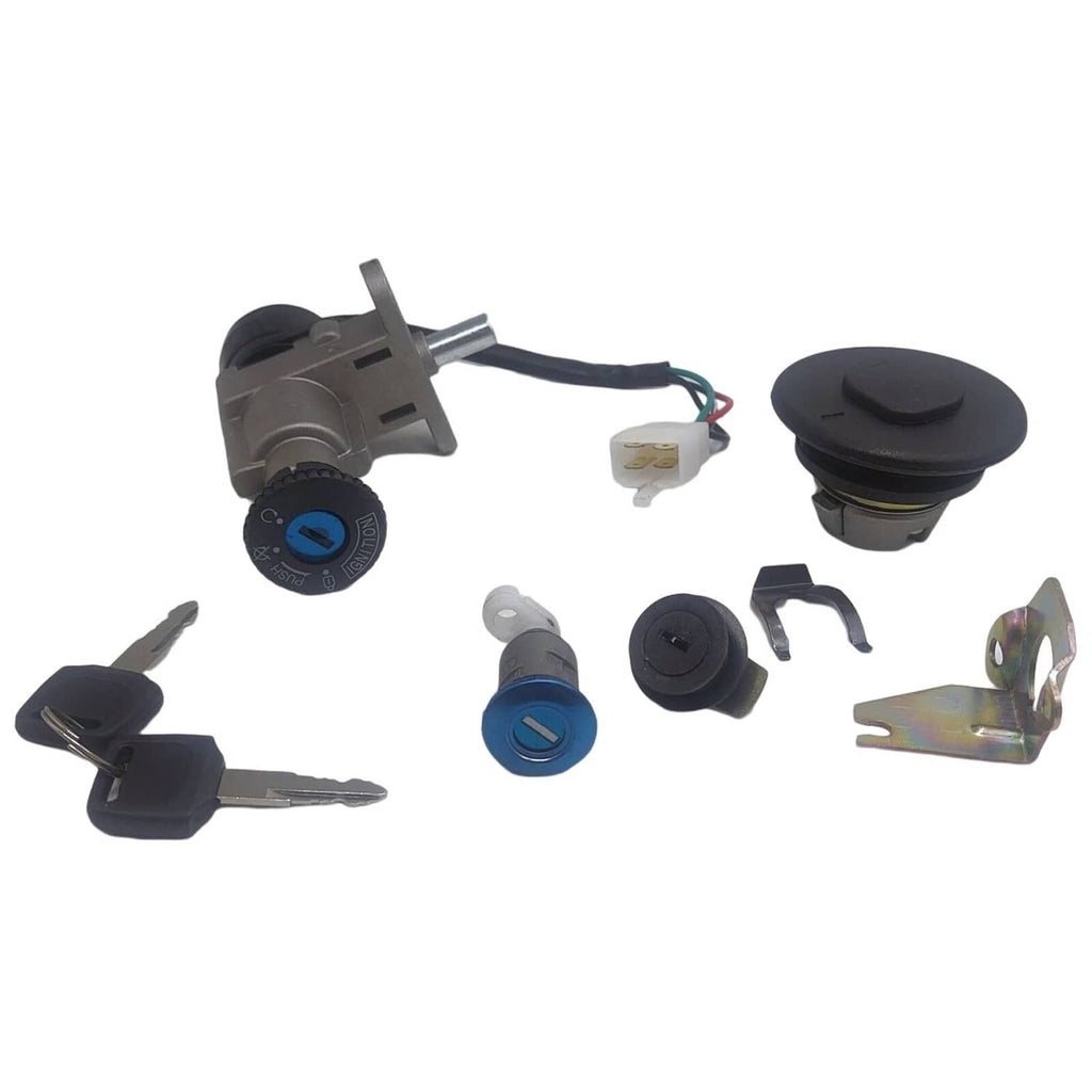Scooter ignition switch and gas cap key set with 4-pin wiring harness and keys