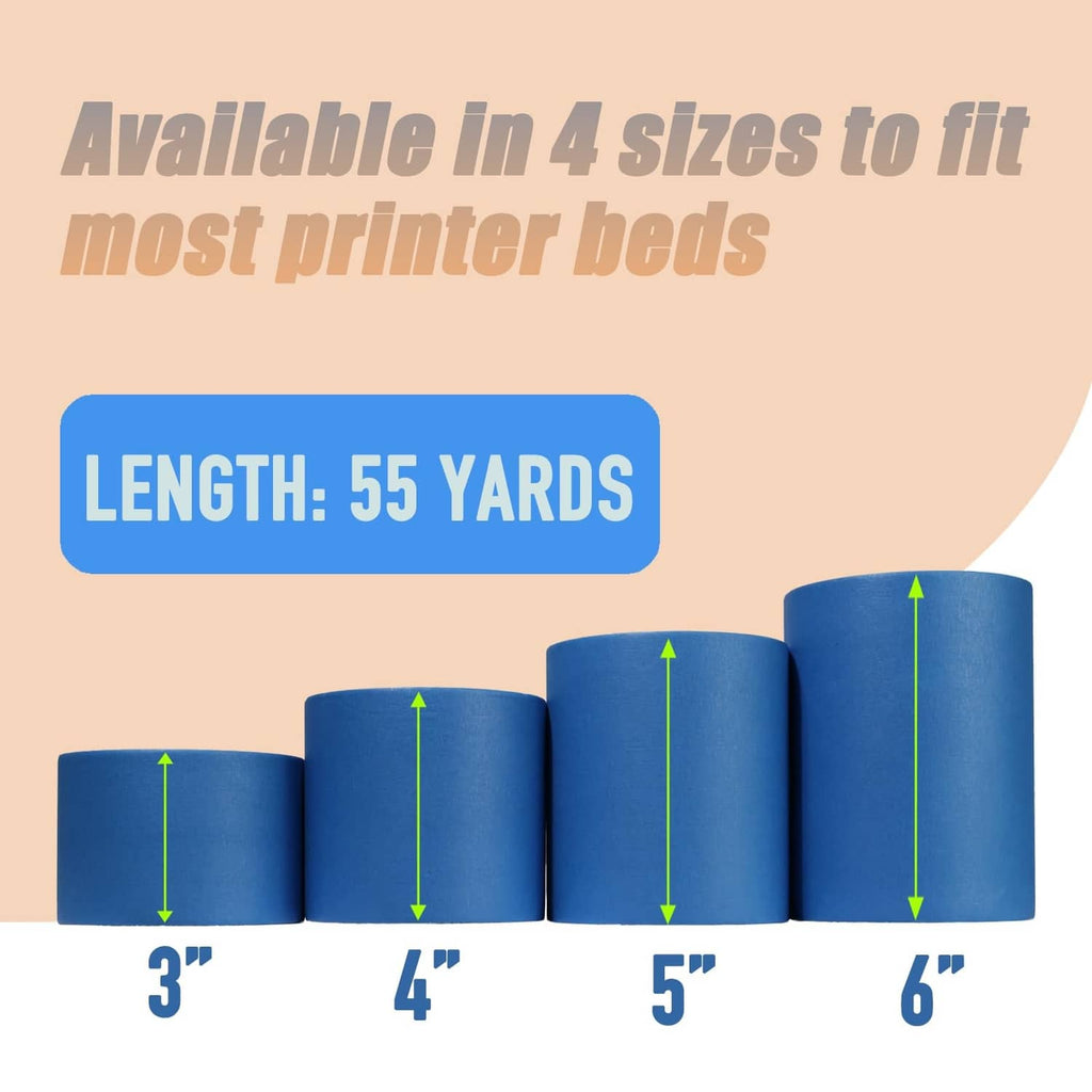 Blue painter tape rolls with width size comparison from 3 to 6 inches