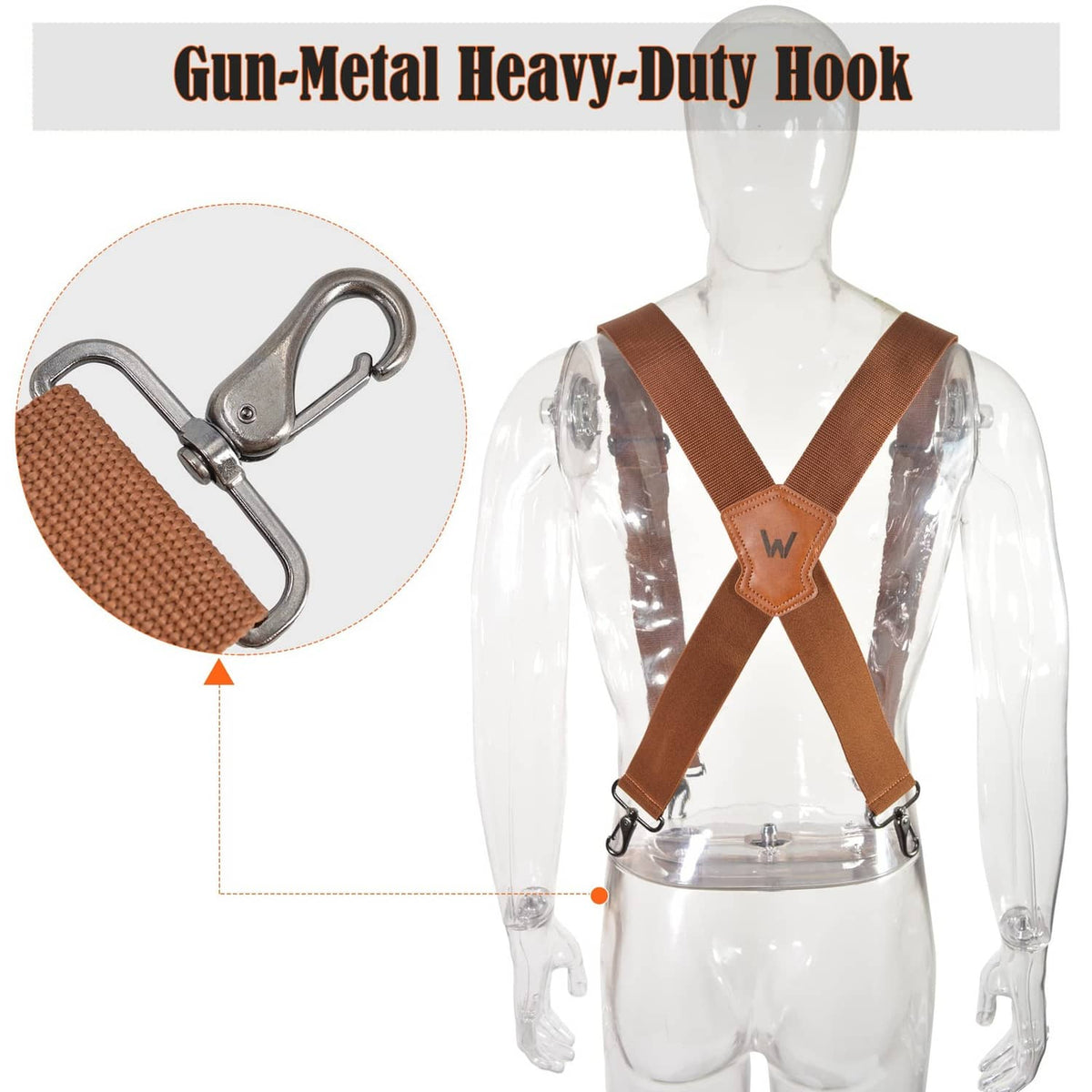 Brown webbing strap with cross design and gun-metal heavy-duty hook hardware