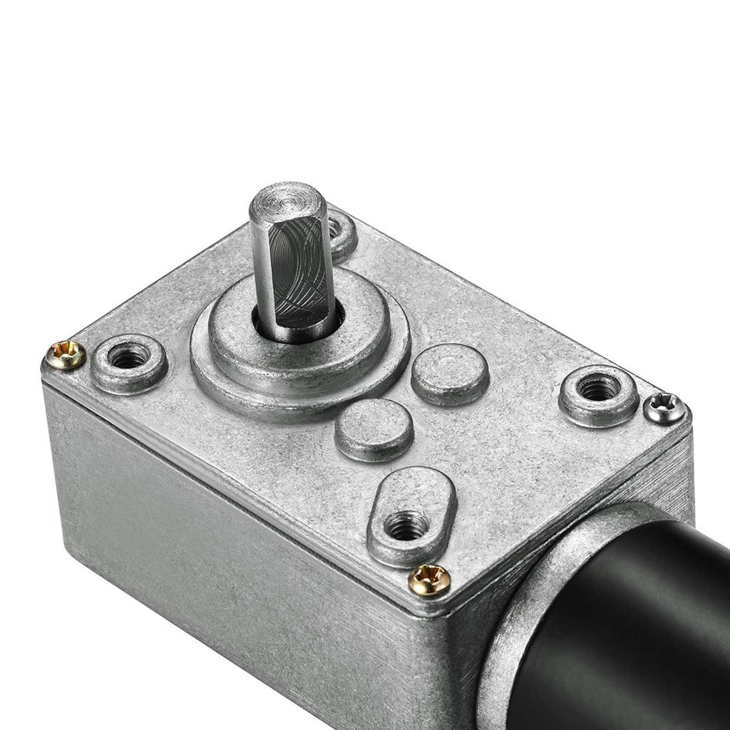 Worm gear motor with silver top plate, multiple ports, and black cylinder body